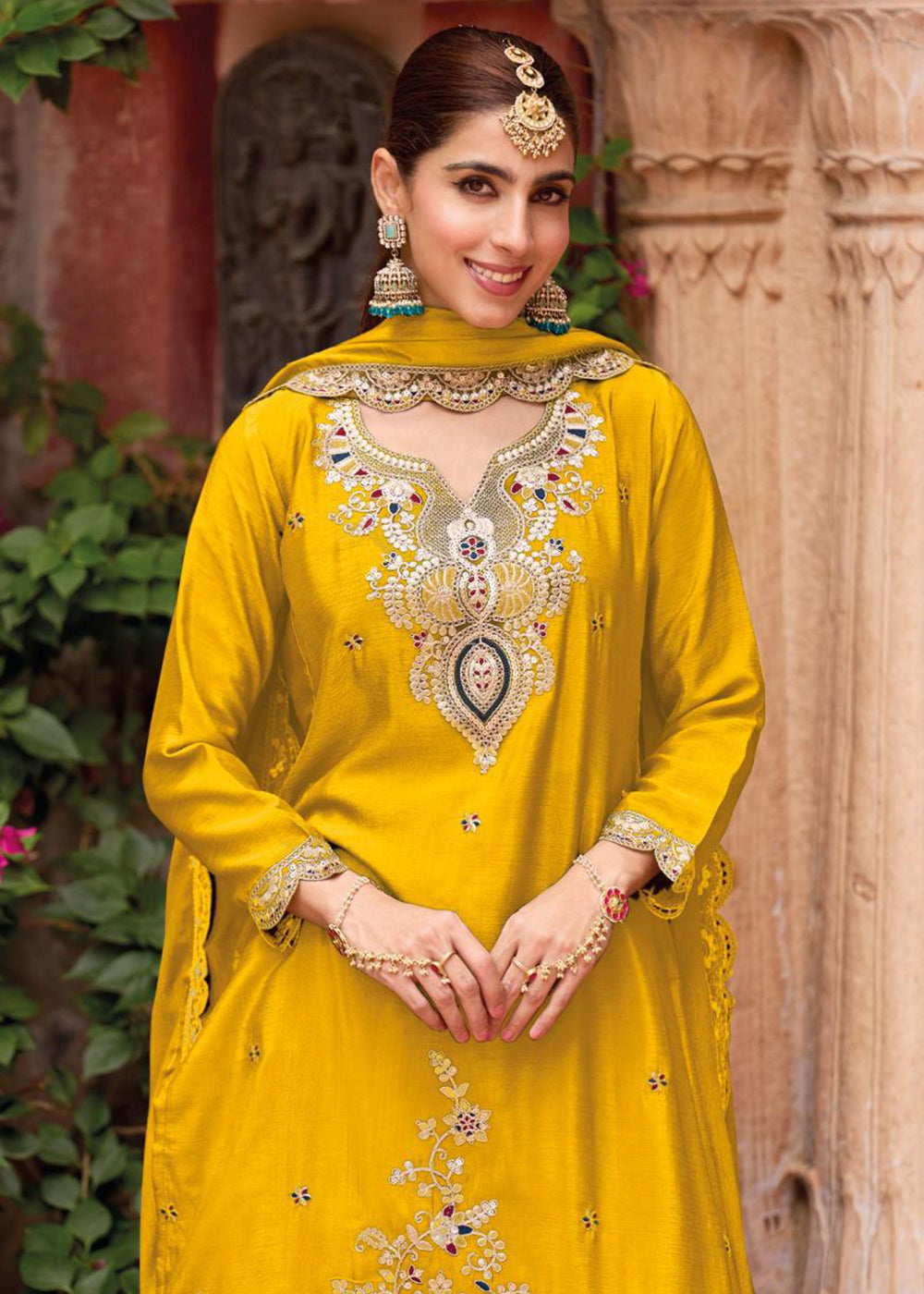 Buy Now Yellow Foil Work Chinnon Silk Palazzo Style Suit Suit Online in USA, UK, Canada, Germany, Italy, France, Austria, UAE & Worldwide at Empress Clothing.