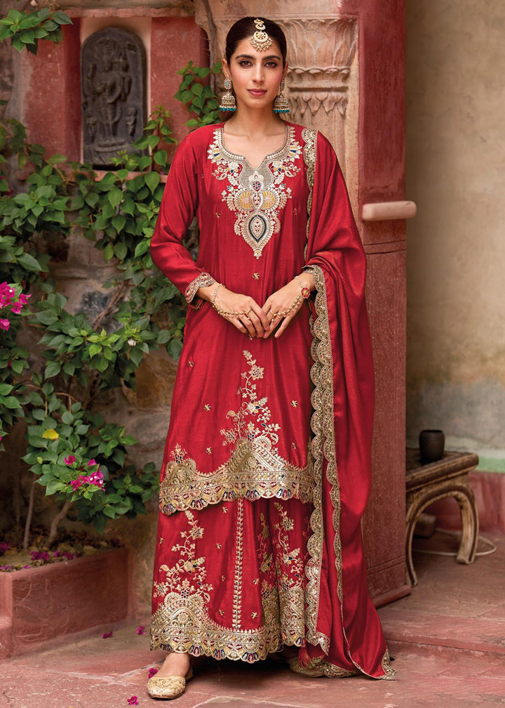 Buy Now Red Foil Work Chinnon Silk Palazzo Style Suit Suit Online in USA, UK, Canada, Germany, Italy, France, Austria, UAE & Worldwide at Empress Clothing.
