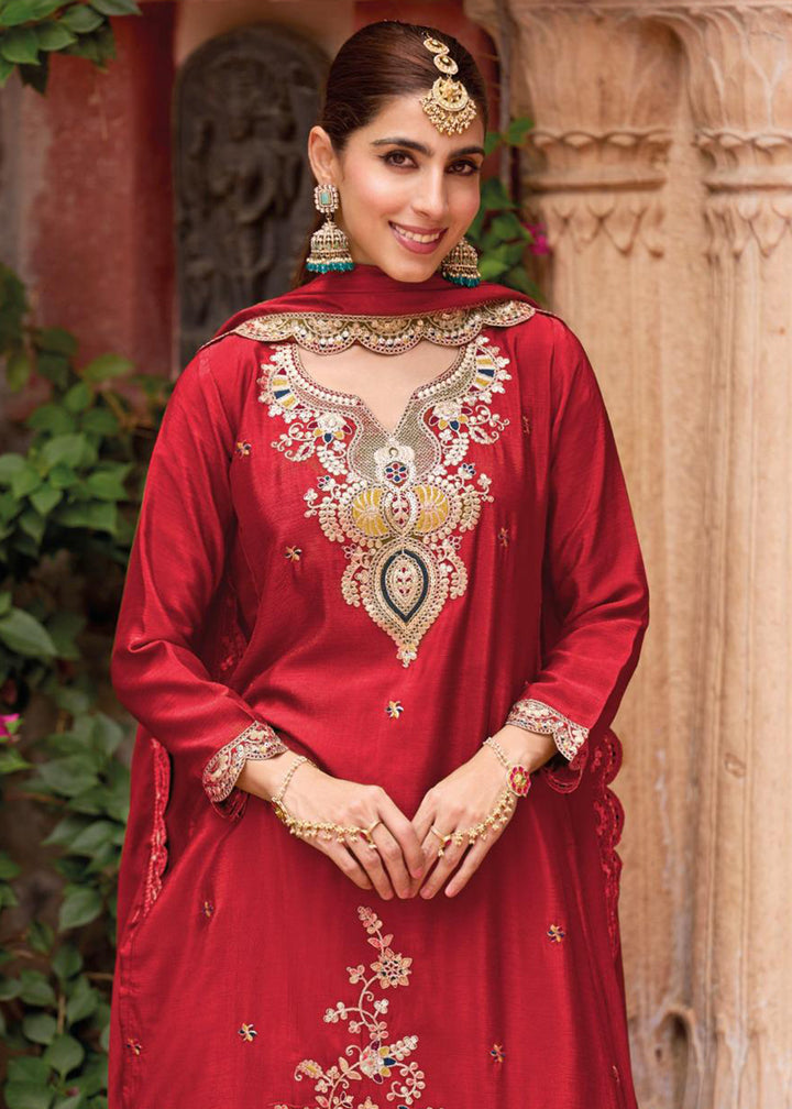 Buy Now Red Foil Work Chinnon Silk Palazzo Style Suit Suit Online in USA, UK, Canada, Germany, Italy, France, Austria, UAE & Worldwide at Empress Clothing.