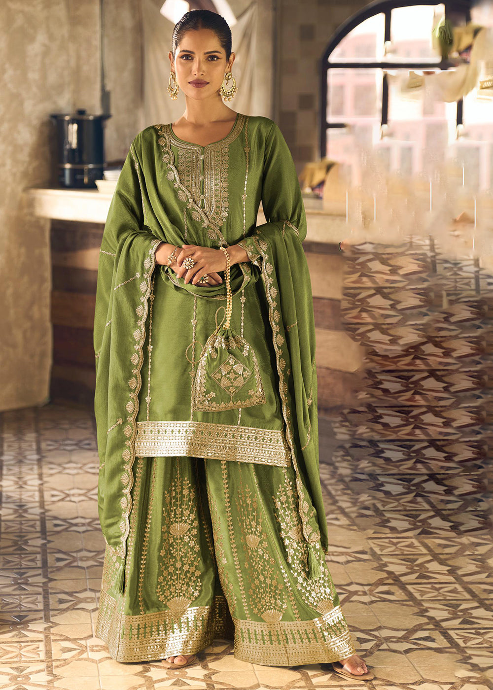 Buy Now Green Chinnon Silk Function & Festive Palazzo Suit Online in Newark, Yorktown, Toronto, London, Orlando, Munich, Chicago, Greece & Worldwide at Empress.