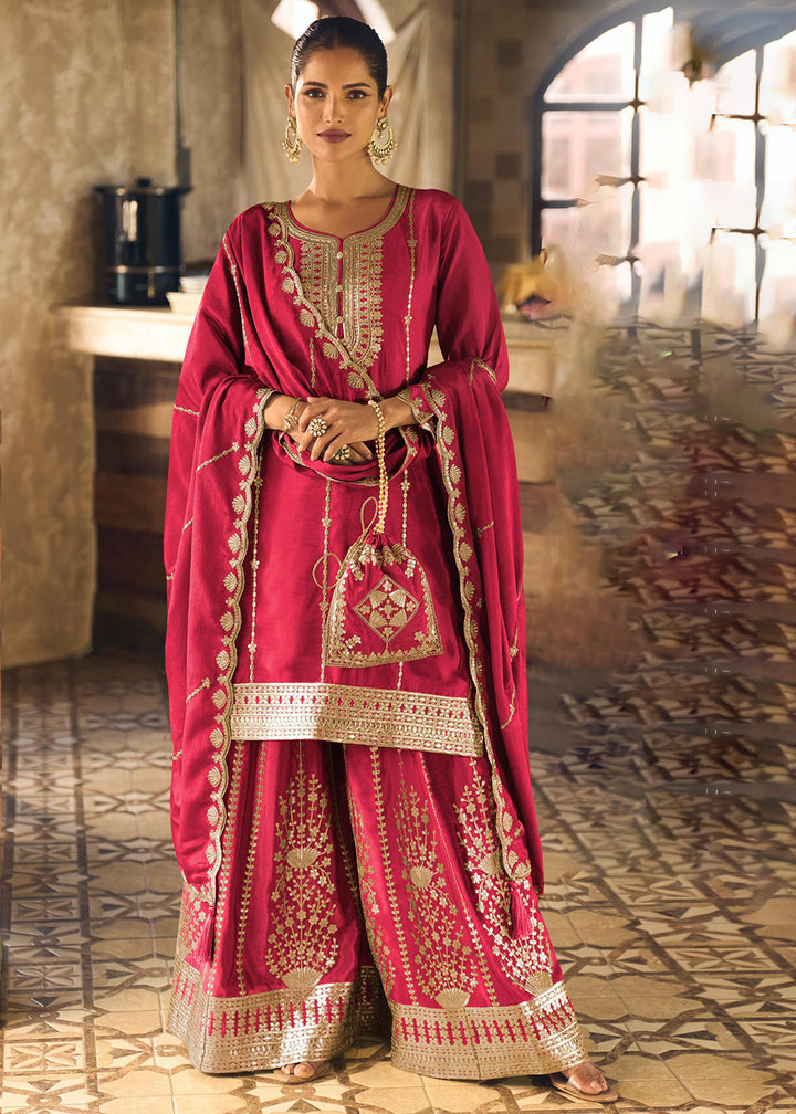Buy Now Pink Chinnon Silk Function & Festive Palazzo Suit Online in Newark, Yorktown, Toronto, London, Orlando, Munich, Chicago, Greece & Worldwide at Empress.