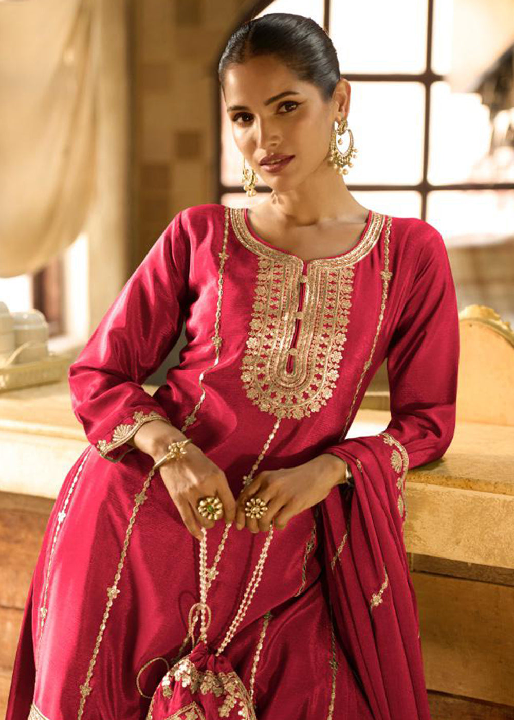 Buy Now Pink Chinnon Silk Function & Festive Palazzo Suit Online in Newark, Yorktown, Toronto, London, Orlando, Munich, Chicago, Greece & Worldwide at Empress.