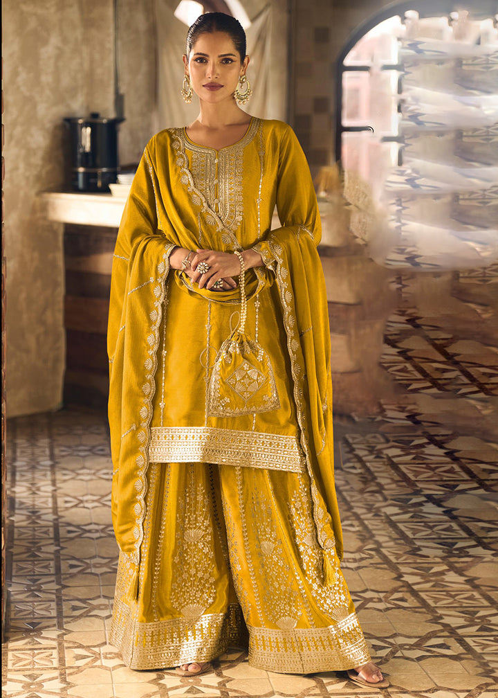 Buy Now Yellow Chinnon Silk Function & Festive Palazzo Suit Online in Newark, Yorktown, Toronto, London, Orlando, Munich, Chicago, Greece & Worldwide at Empress.