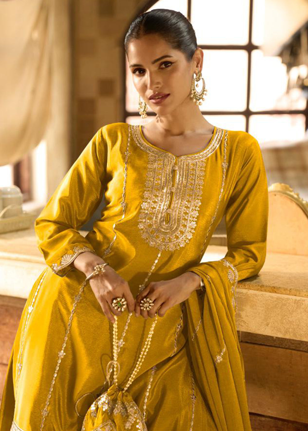 Buy Now Yellow Chinnon Silk Function & Festive Palazzo Suit Online in Newark, Yorktown, Toronto, London, Orlando, Munich, Chicago, Greece & Worldwide at Empress.