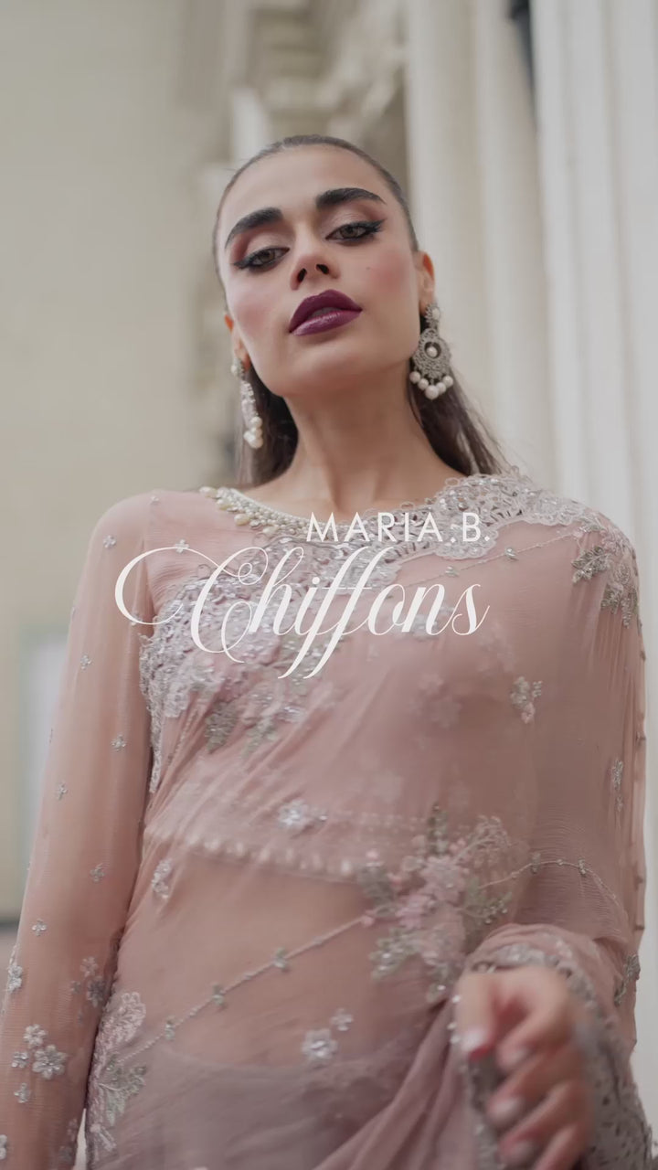 Buy Now Chiffon Formals 2023 by Maria B | MPC-23-105 Peach And Grey Online in USA, UK, Canada & Worldwide at Empress Clothing.