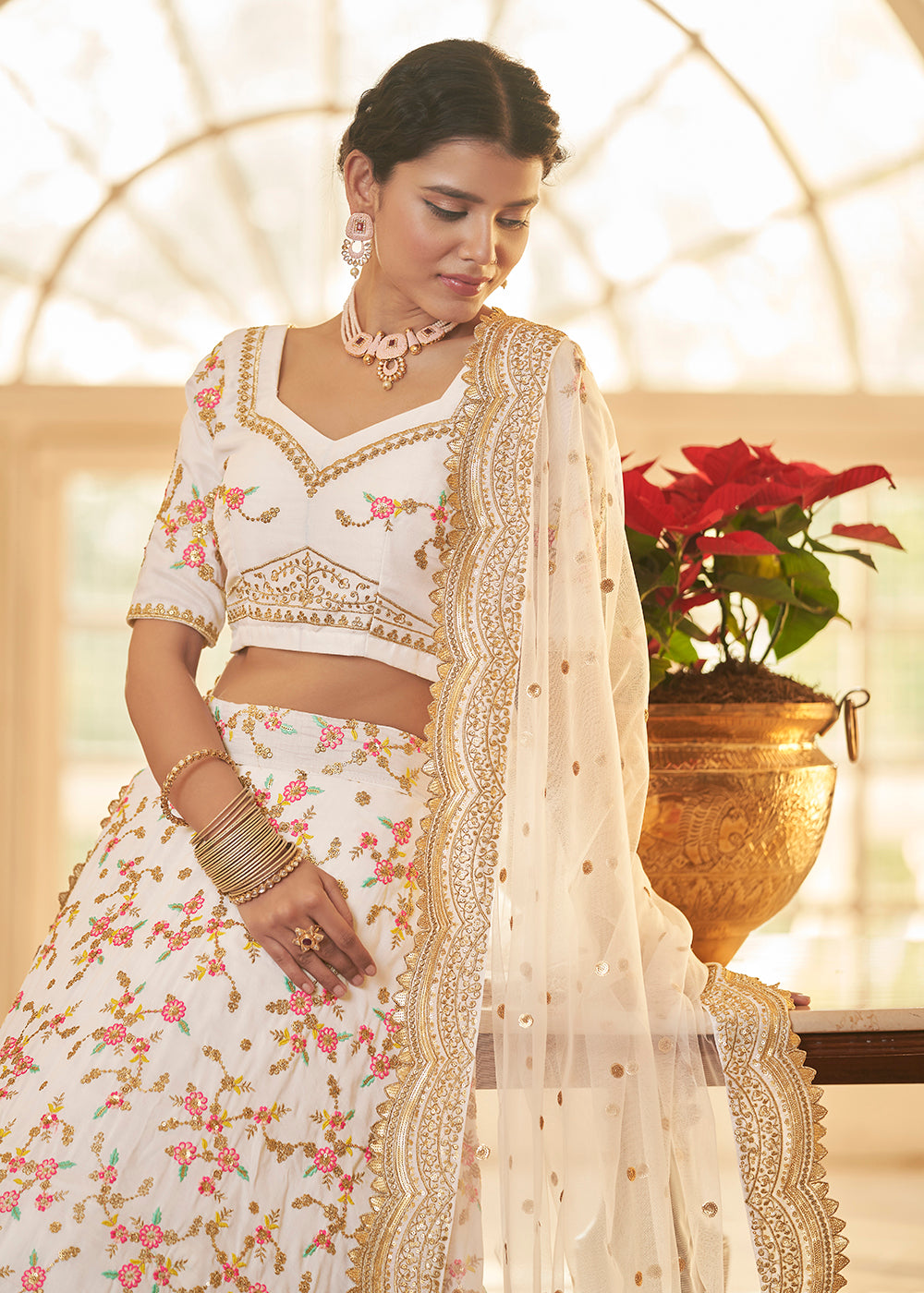 Buy Now Chinon Silk White Multi Embroidered Wedding Lehenga Choli Online in USA, UK, Canada & Worldwide at Empress Clothing.