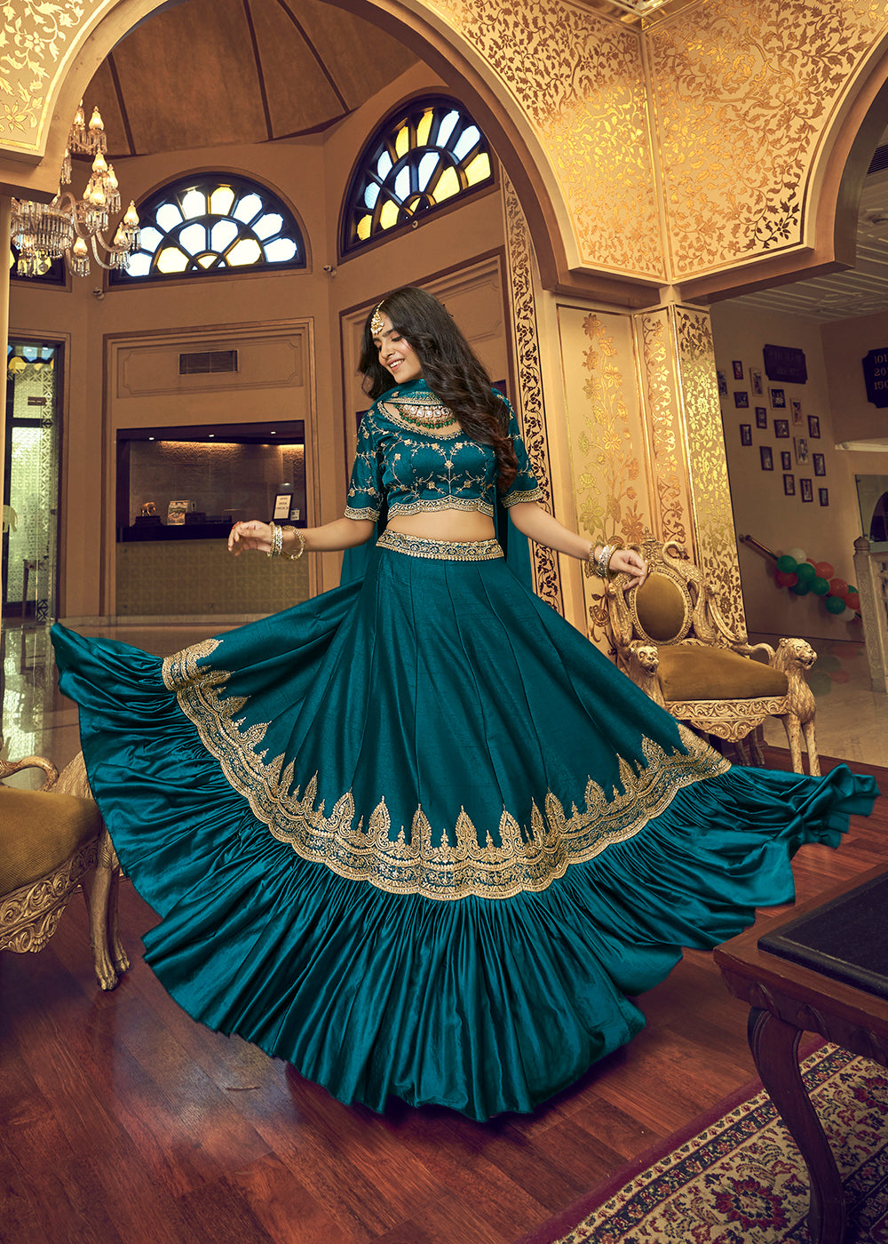 Buy Now Delightful Rama Blue Lino Silk Ruffle Party Wear Lehenga Choli Online in USA, UK, Canada & Worldwide at Empress Clothing. 