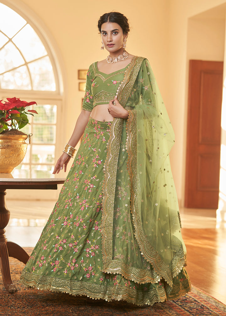 Buy Now Chinon Silk Green Multi Embroidered Wedding Lehenga Choli Online in USA, UK, Canada & Worldwide at Empress Clothing. 