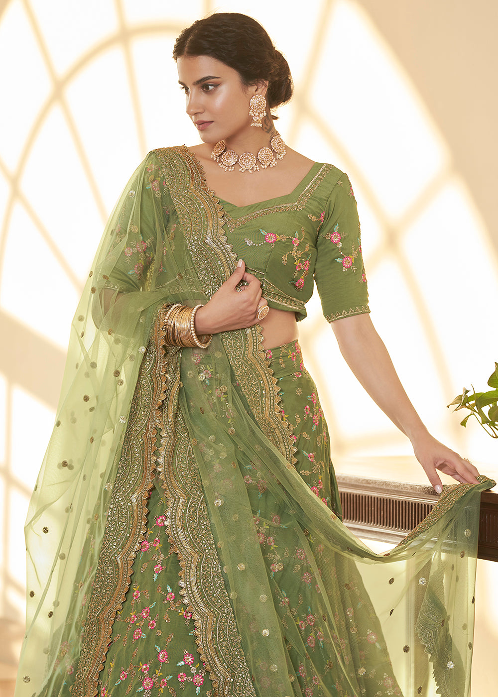 Buy Now Chinon Silk Green Multi Embroidered Wedding Lehenga Choli Online in USA, UK, Canada & Worldwide at Empress Clothing. 