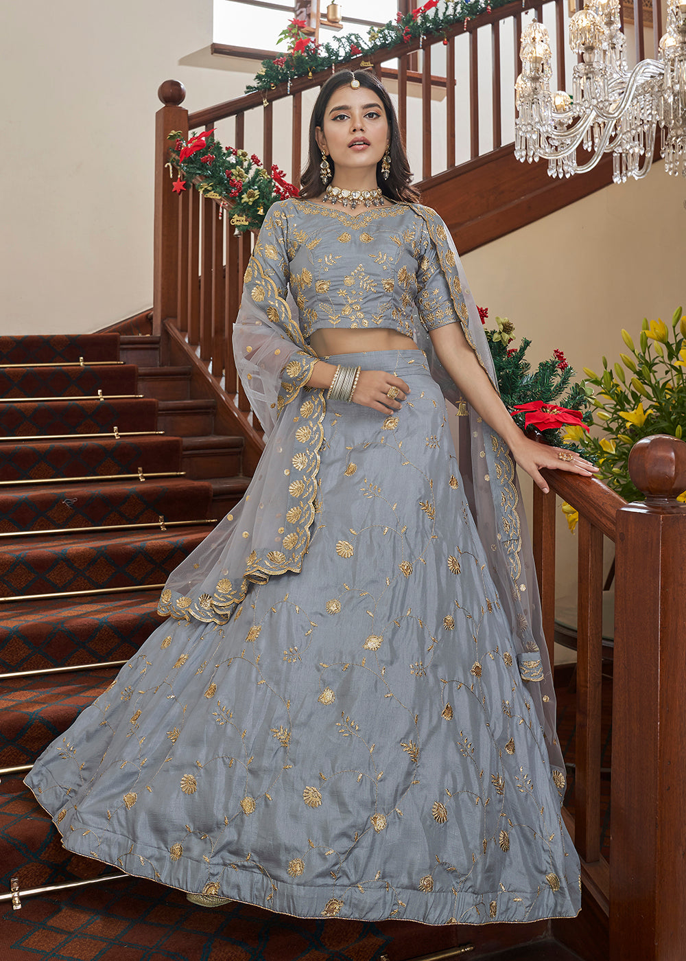 Buy Now Adorning Art Silk Light Grey Wedding Lehenga Choli Online in USA, UK, Canada & Worldwide at Empress Clothing.