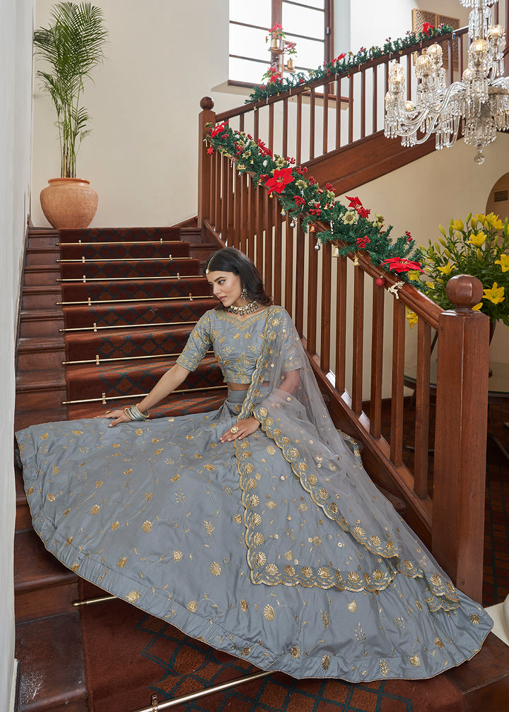 Buy Now Adorning Art Silk Light Grey Wedding Lehenga Choli Online in USA, UK, Canada & Worldwide at Empress Clothing.