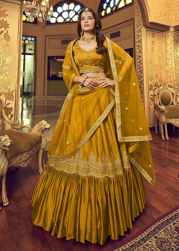 Alluring Yellow Viscose Silk Traditional Bridal Lehenga Choli