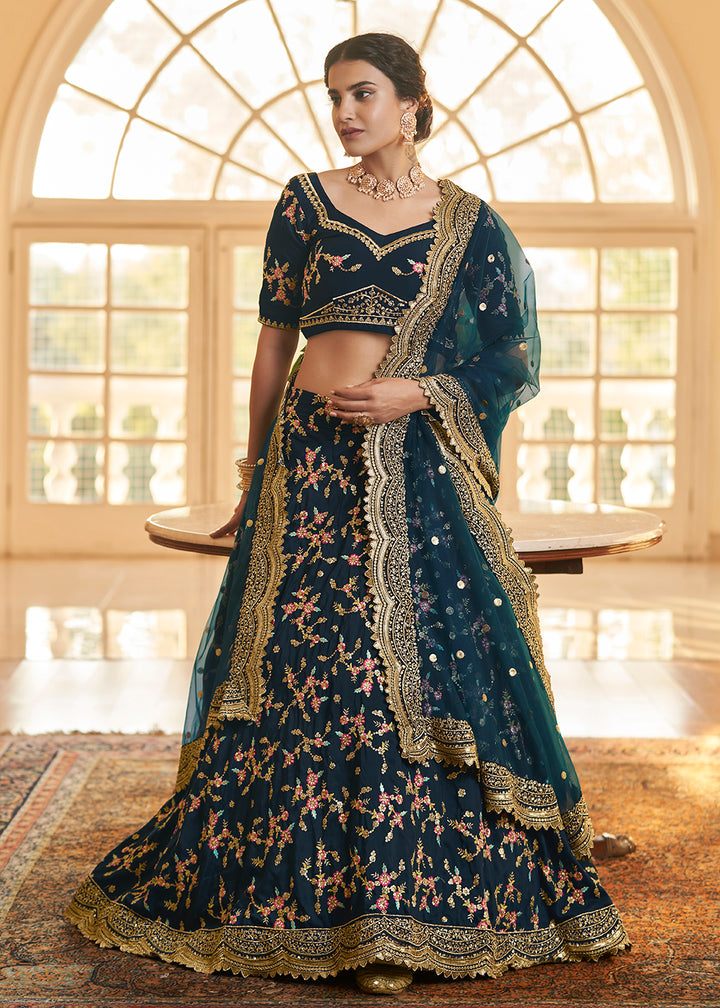 Buy Now Chinon Silk Blue Multi Embroidered Wedding Lehenga Choli Online in USA, UK, Canada & Worldwide at Empress Clothing. 
