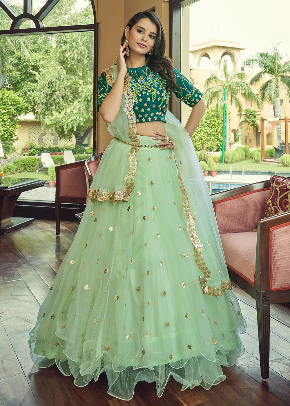 Buy Party Wear Lehenga Set - Glamorous Pista Green Heavy Net Lehenga Empress Clothing Buy Party Wear Lehenga Set - Glamorous Pista Green Heavy Net Lehenga Empress Clothing