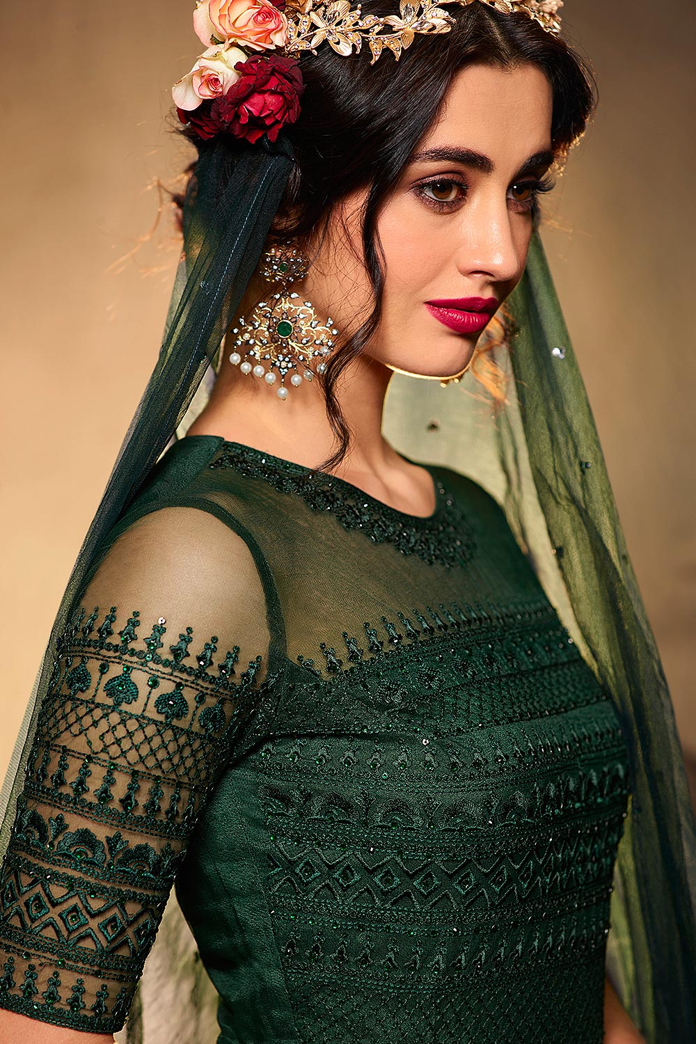Bottle Green Resham Embroidered Net Anarkali Suit