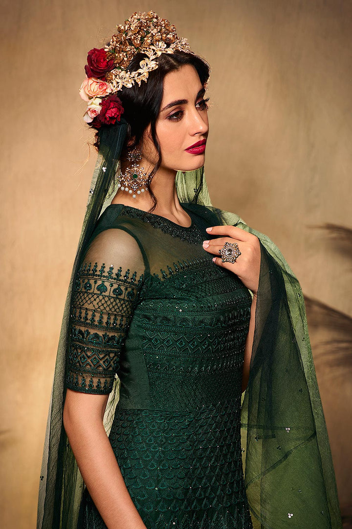 Bottle Green Resham Embroidered Net Anarkali Suit