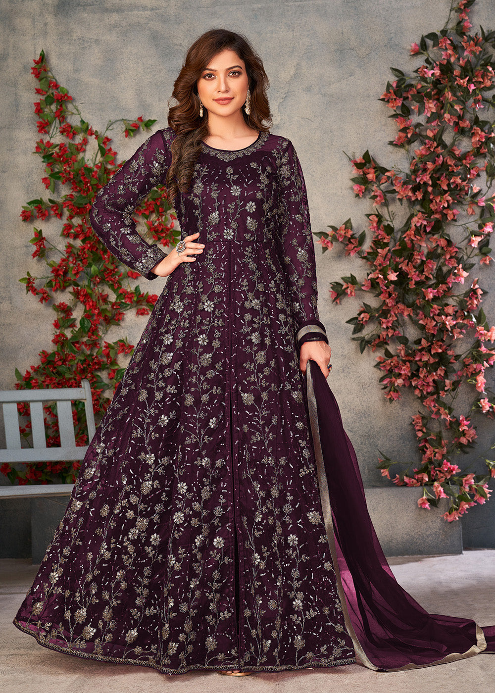 Buy Now Vintage Purple Wedding Function Pant Style Anarkali Suit Online in USA, UK, Australia, New Zealand, Canada & Worldwide at Empress Clothing.