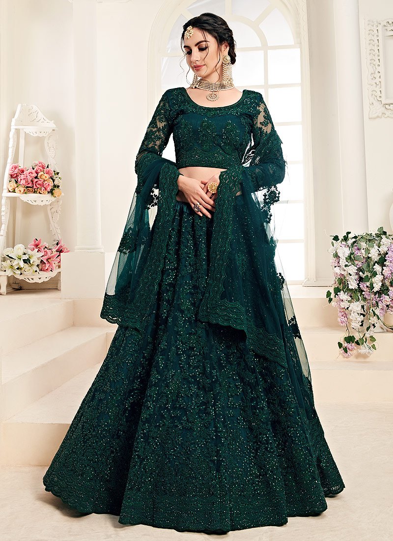 peacock green colour dress Peacock Green A Line Trendy Wedding Lehenga Choli