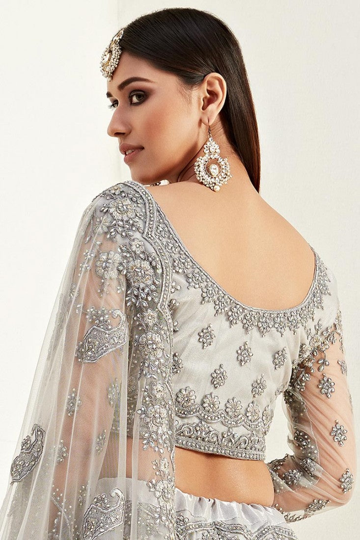 Charming Grey Net Embroidered Wedding Lehenga Choli