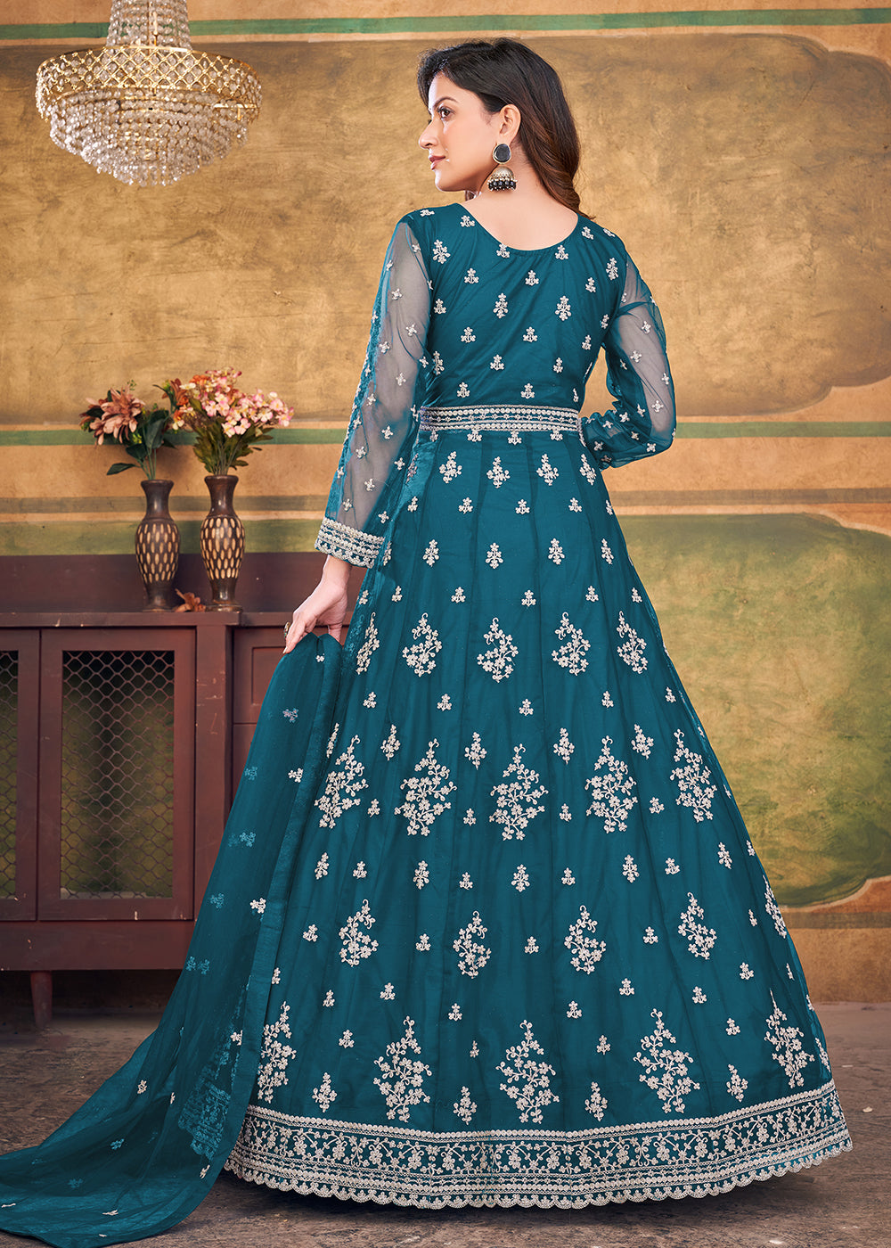 Buy Now Function Look Engaging Teal Blue Net Anarkali Suit Online in USA, UK, Australia, New Zealand, Canada, Italy & Worldwide at Empress Clothing. 