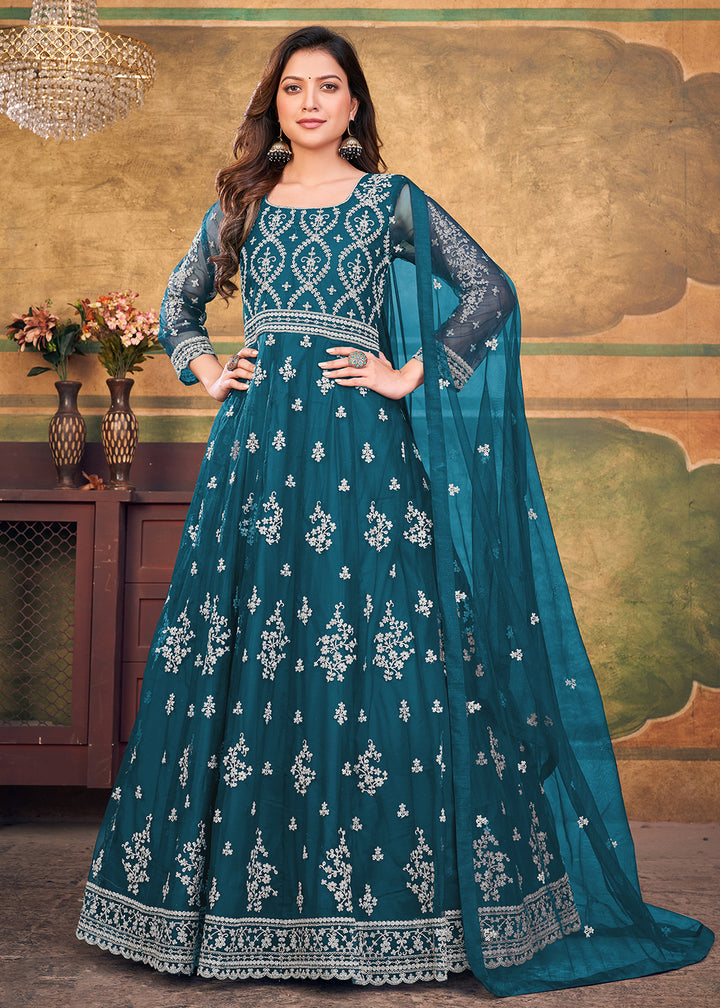 Buy Now Function Look Engaging Teal Blue Net Anarkali Suit Online in USA, UK, Australia, New Zealand, Canada, Italy & Worldwide at Empress Clothing. 