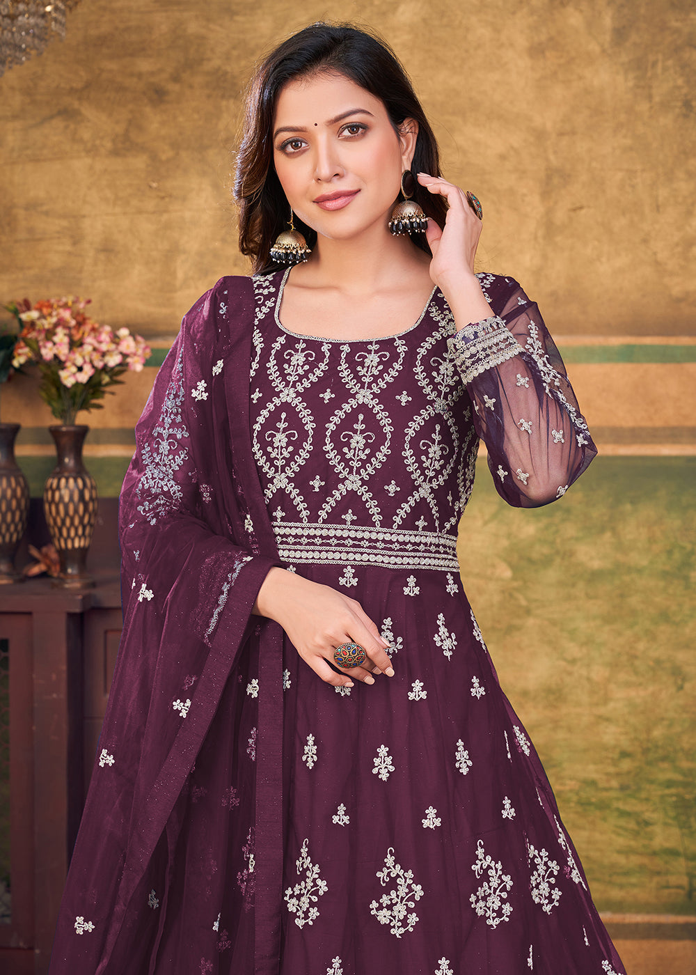 Buy Now Function Look Classic Wine Plum Net Anarkali Suit Online in USA, UK, Australia, New Zealand, Canada, Italy & Worldwide at Empress Clothing.