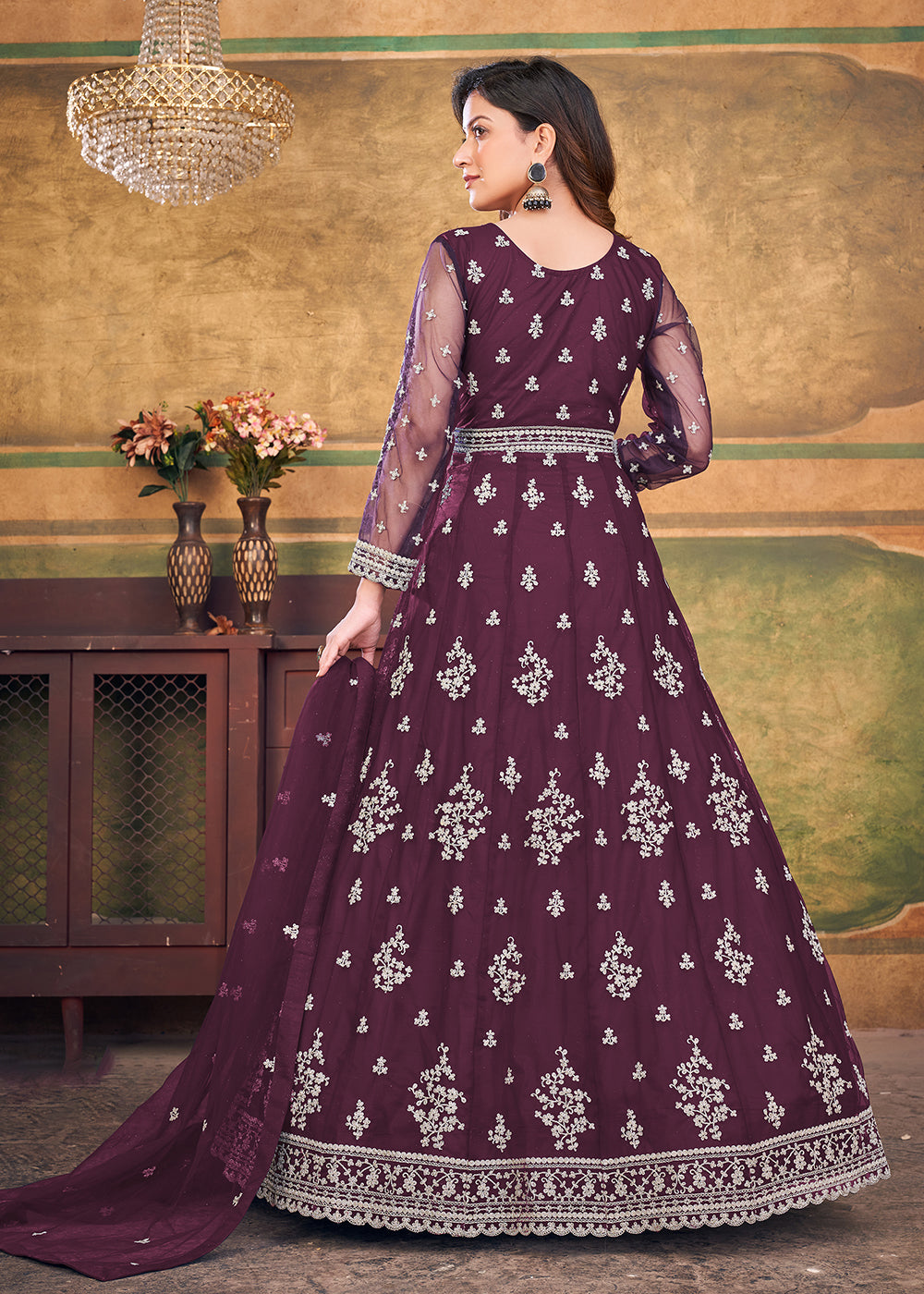 Buy Now Function Look Classic Wine Plum Net Anarkali Suit Online in USA, UK, Australia, New Zealand, Canada, Italy & Worldwide at Empress Clothing.