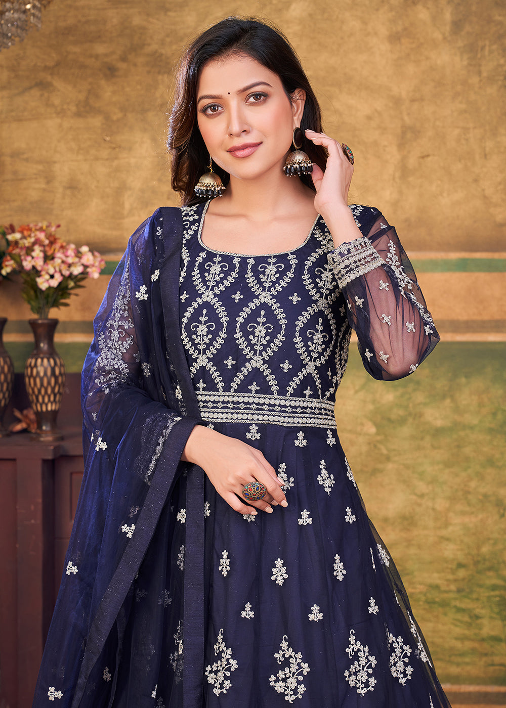 Buy Lavender Cording Embroidered Net Anarkali Suit In Canada online