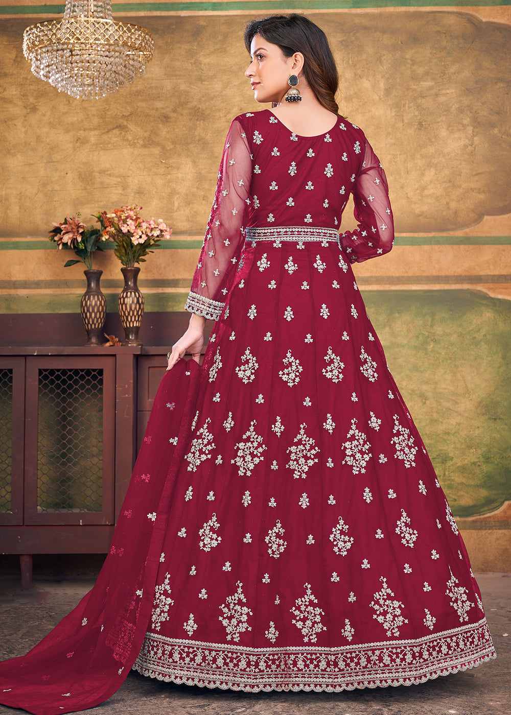 Buy Now Function Look Beguiling Hot Maroon Net Anarkali Suit Online in USA, UK, Australia, New Zealand, Canada, Italy & Worldwide at Empress Clothing. 