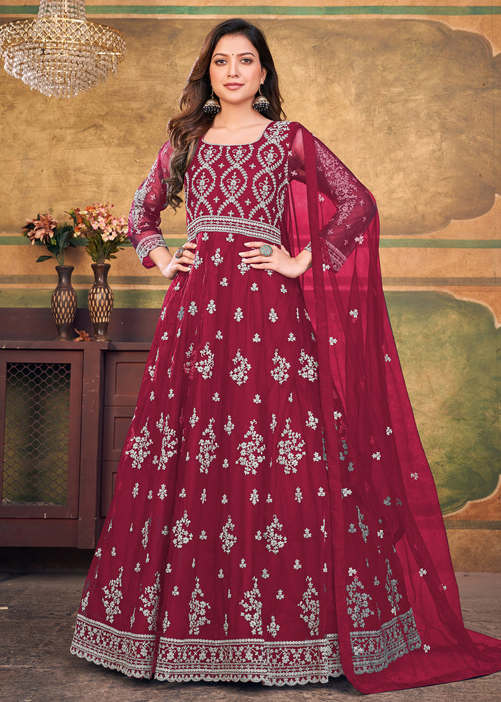 Buy Now Function Look Beguiling Hot Maroon Net Anarkali Suit Online in USA, UK, Australia, New Zealand, Canada, Italy & Worldwide at Empress Clothing. 