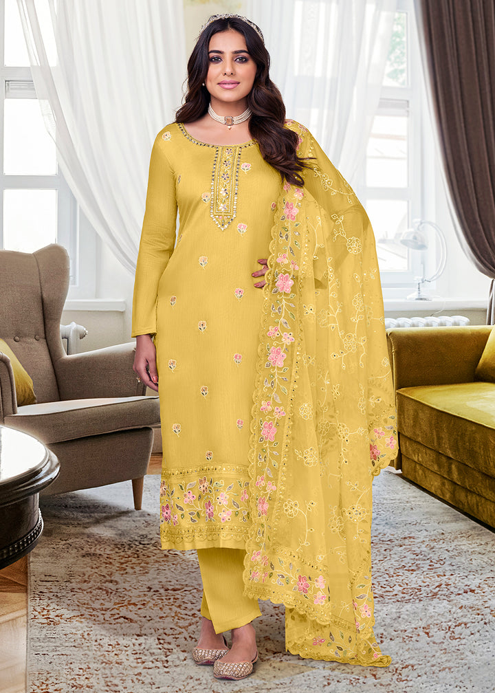 Buy Now Viscose Silk Stunning Yellow Embroidered Salwar Kameez Online in USA, UK, Canada & Worldwide at Empress Clothing.