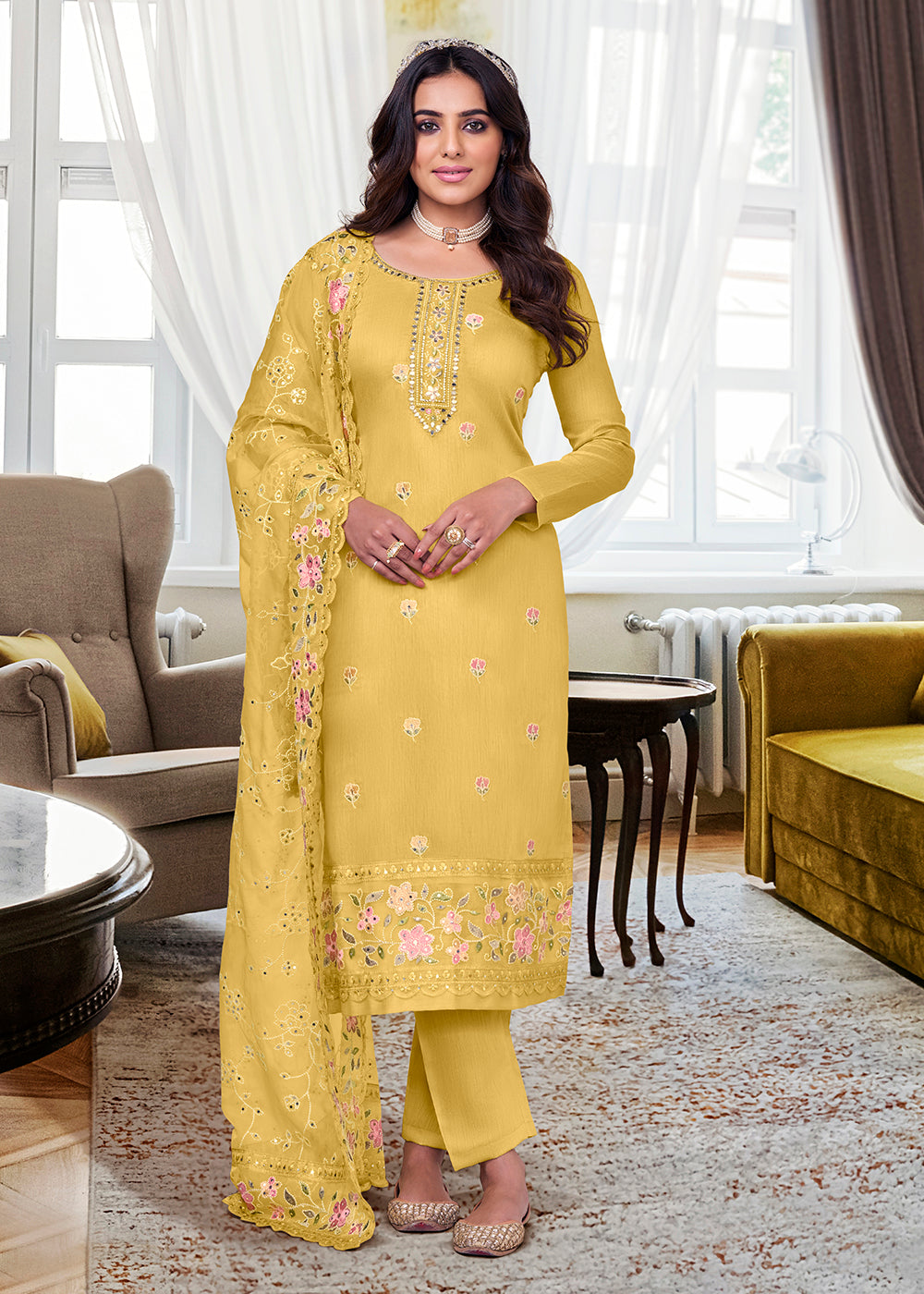 Buy Now Viscose Silk Stunning Yellow Embroidered Salwar Kameez Online in USA, UK, Canada & Worldwide at Empress Clothing.