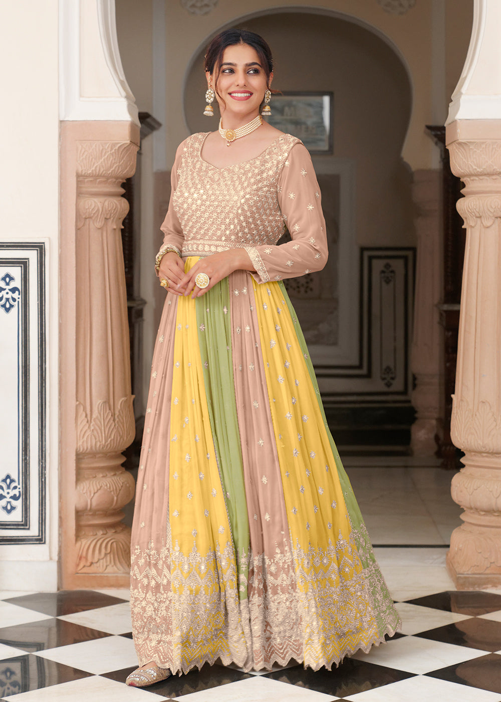 Buy Now Embroidered Beige Multicolor Function Wear Anarkali Gown Online in USA, UK, Australia, New Zealand, Canada, Italy & Worldwide at Empress Clothing.