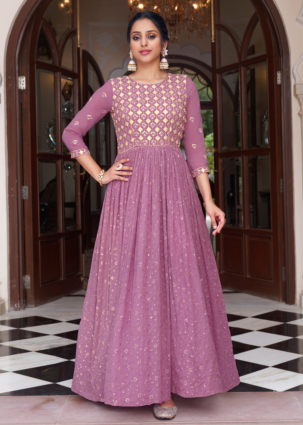 Buy Now Embroidered Pink Lavender Function Wear Anarkali Gown Online in USA, UK, Australia, New Zealand, Canada, Italy & Worldwide at Empress Clothing. 