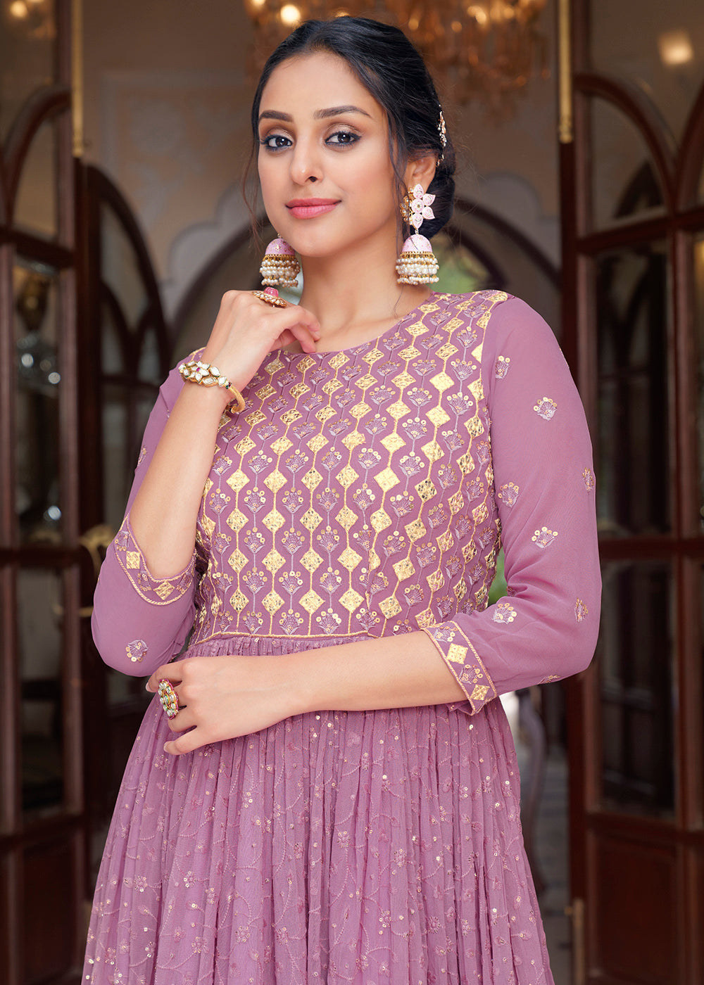 Buy Now Embroidered Pink Lavender Function Wear Anarkali Gown Online in USA, UK, Australia, New Zealand, Canada, Italy & Worldwide at Empress Clothing. 