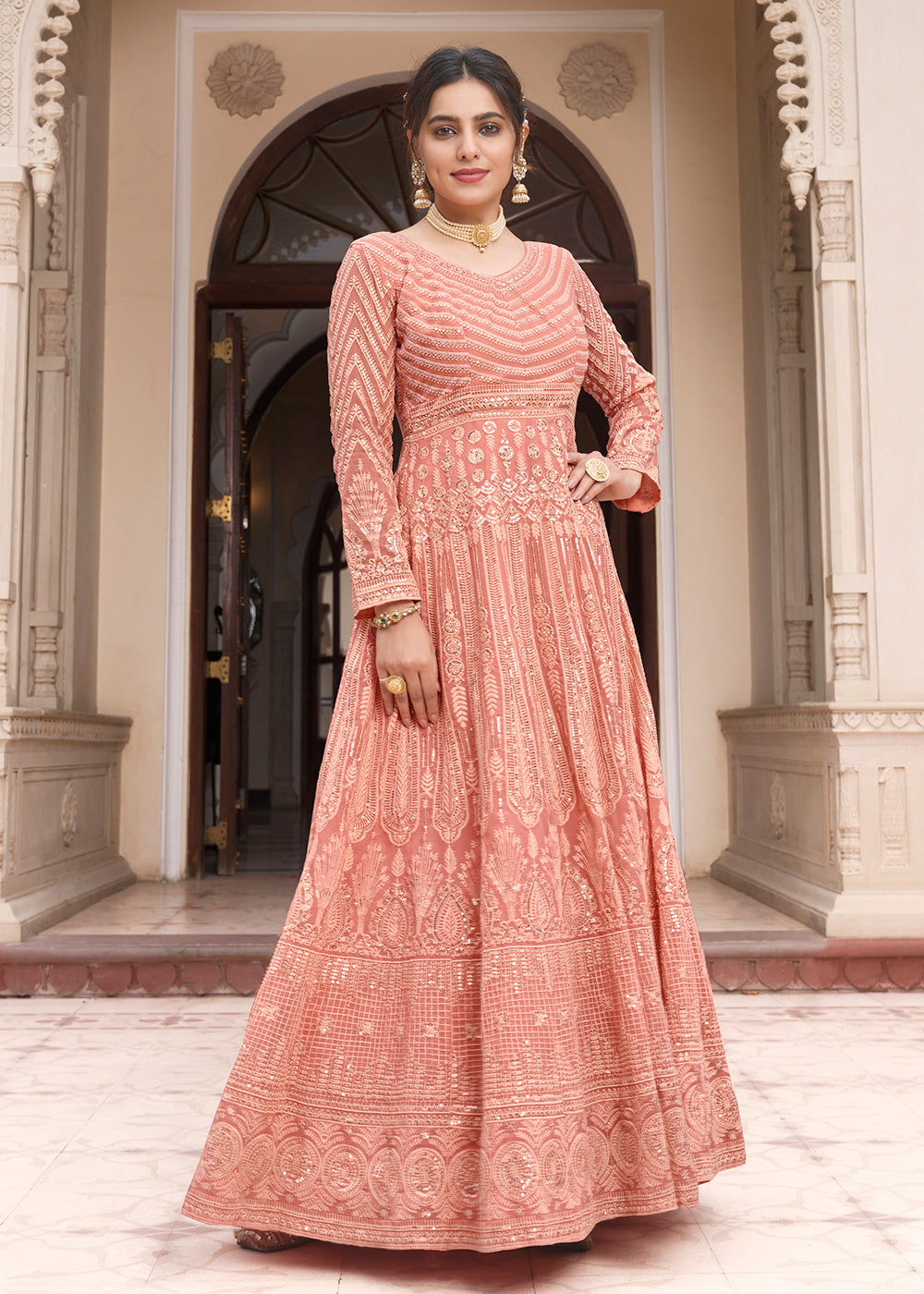 Buy Now Embroidered Pretty Peach Function Wear Anarkali Gown Online in USA, UK, Australia, New Zealand, Canada, Italy & Worldwide at Empress Clothing. 