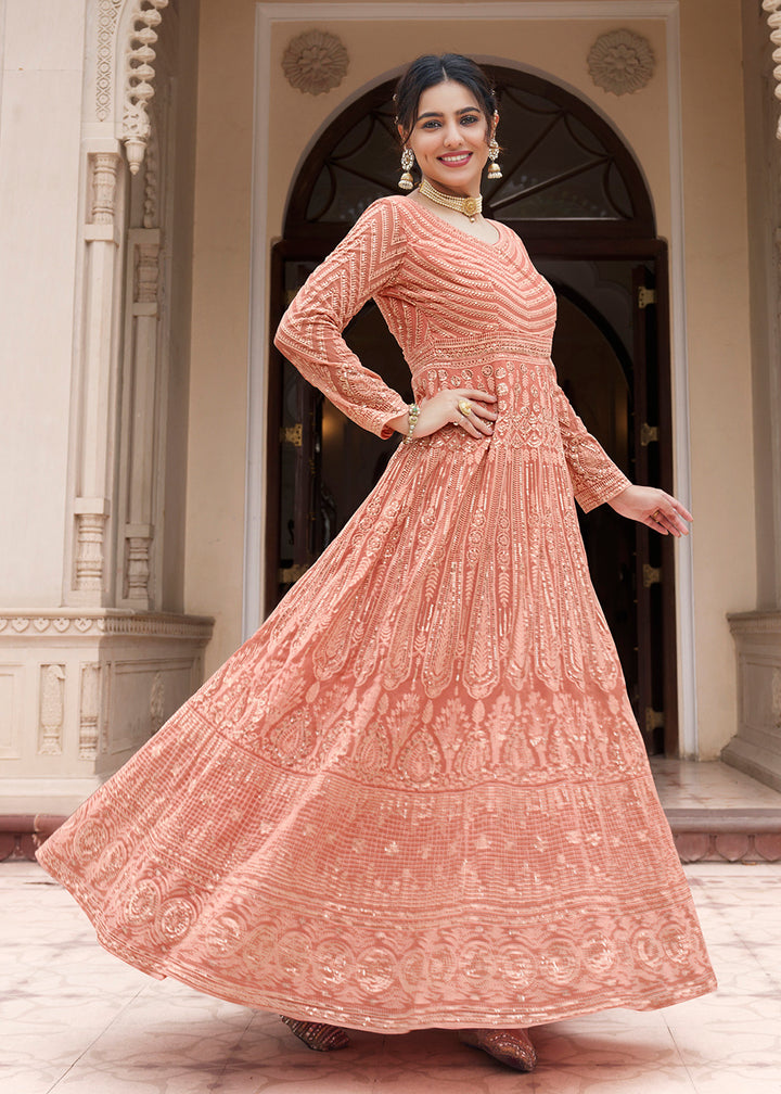Buy Now Embroidered Pretty Peach Function Wear Anarkali Gown Online in USA, UK, Australia, New Zealand, Canada, Italy & Worldwide at Empress Clothing. 