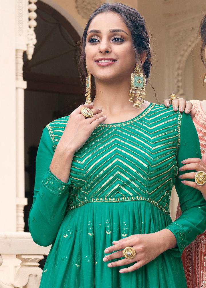 Buy Now Embroidered Aqua Green Function Wear Anarkali Gown Online in USA, UK, Australia, New Zealand, Canada, Italy & Worldwide at Empress Clothing. 