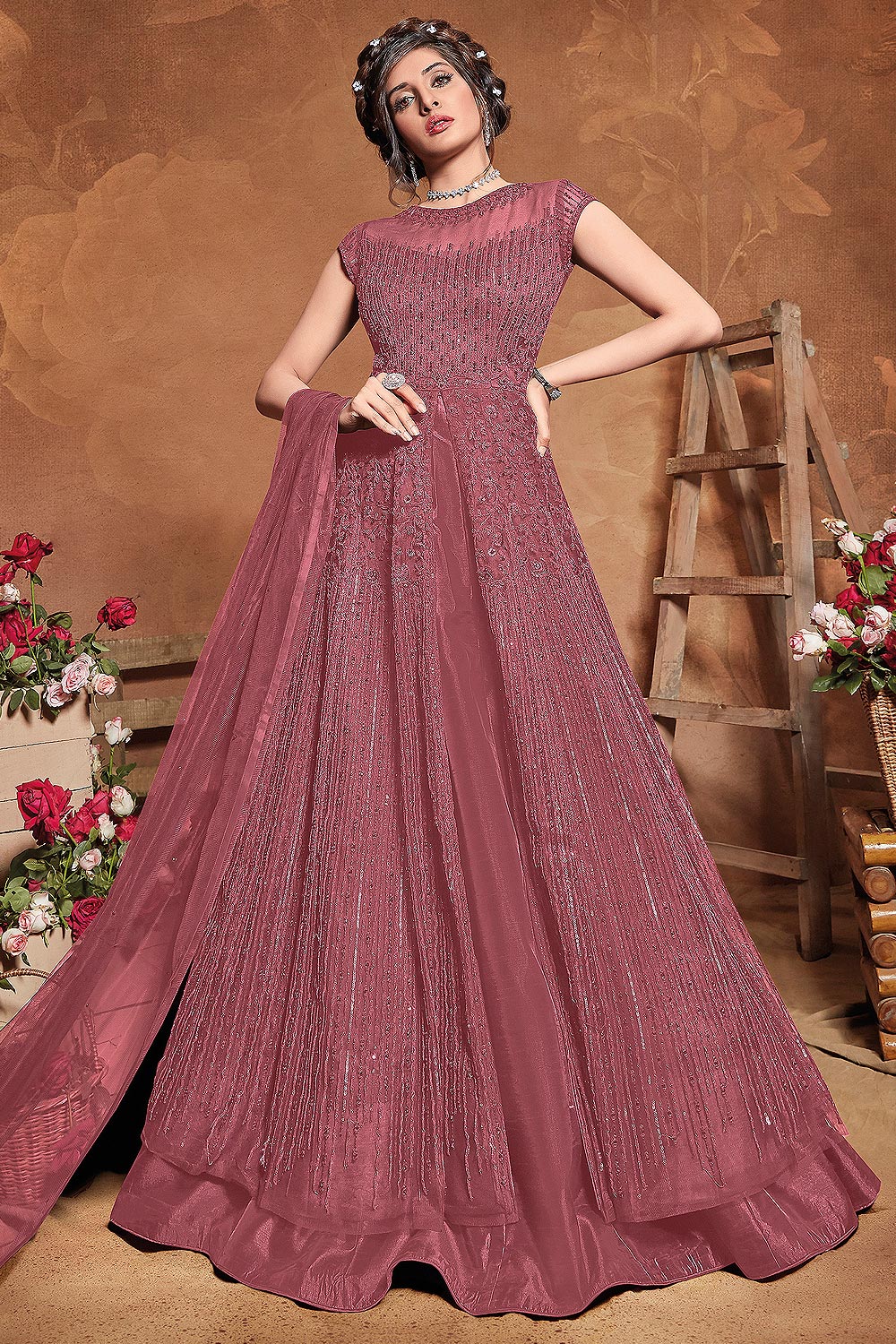 Buy Outstanding Pink Anarkali - Net Floor Length Anarkali Suit