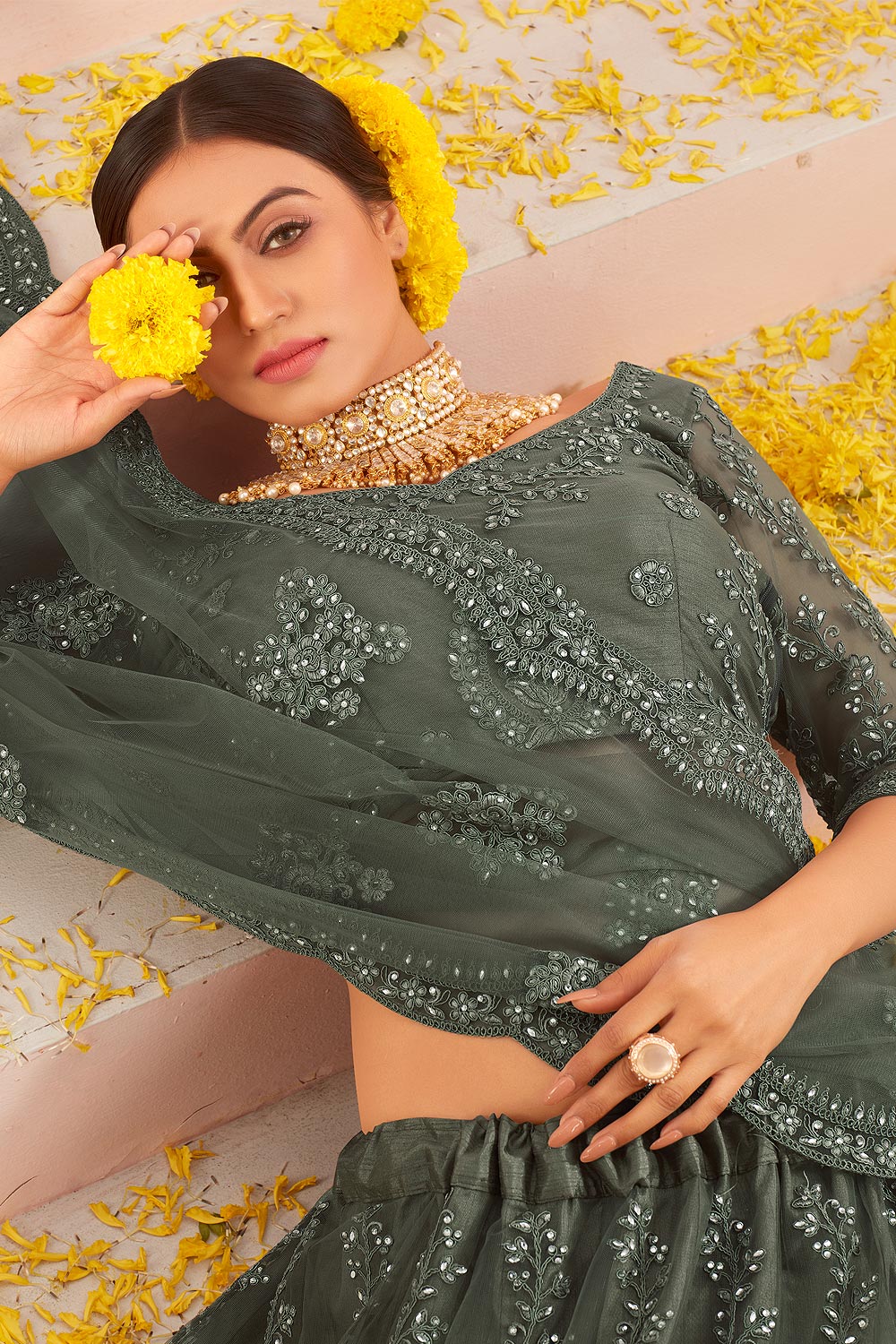 Buy Moss Green Wedding Lehenga - Stone Embroidered Lehenga Choli