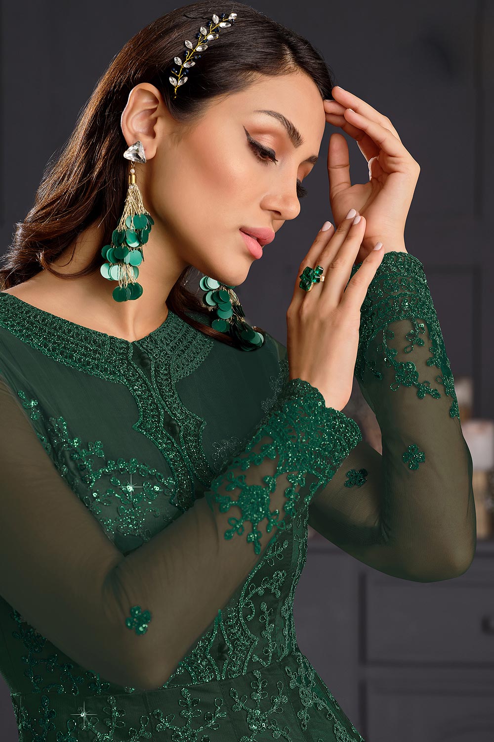 Buy Bottle Green Butterfly Net Anarkali - Wedding Anarkali Suit Empress Clothing Buy Bottle Green Butterfly Net Anarkali - Wedding Anarkali Suit Empress Clothing