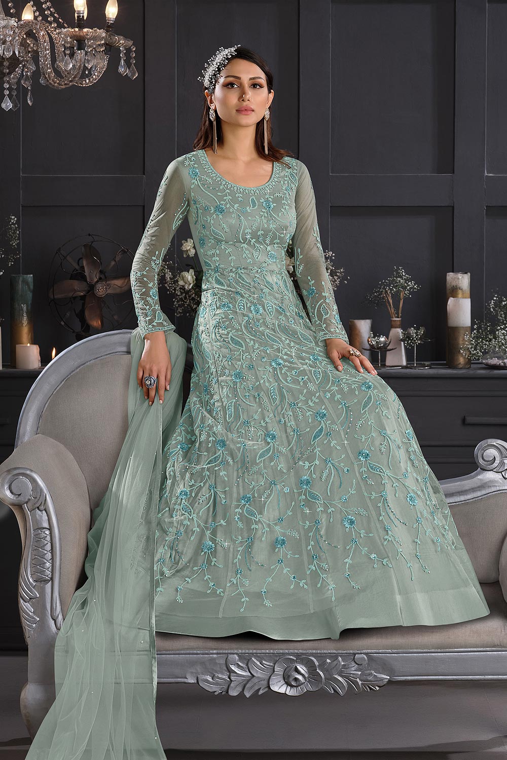 Buy Light Blue Butterfly Net Anarkali - Wedding Anarkali Suit