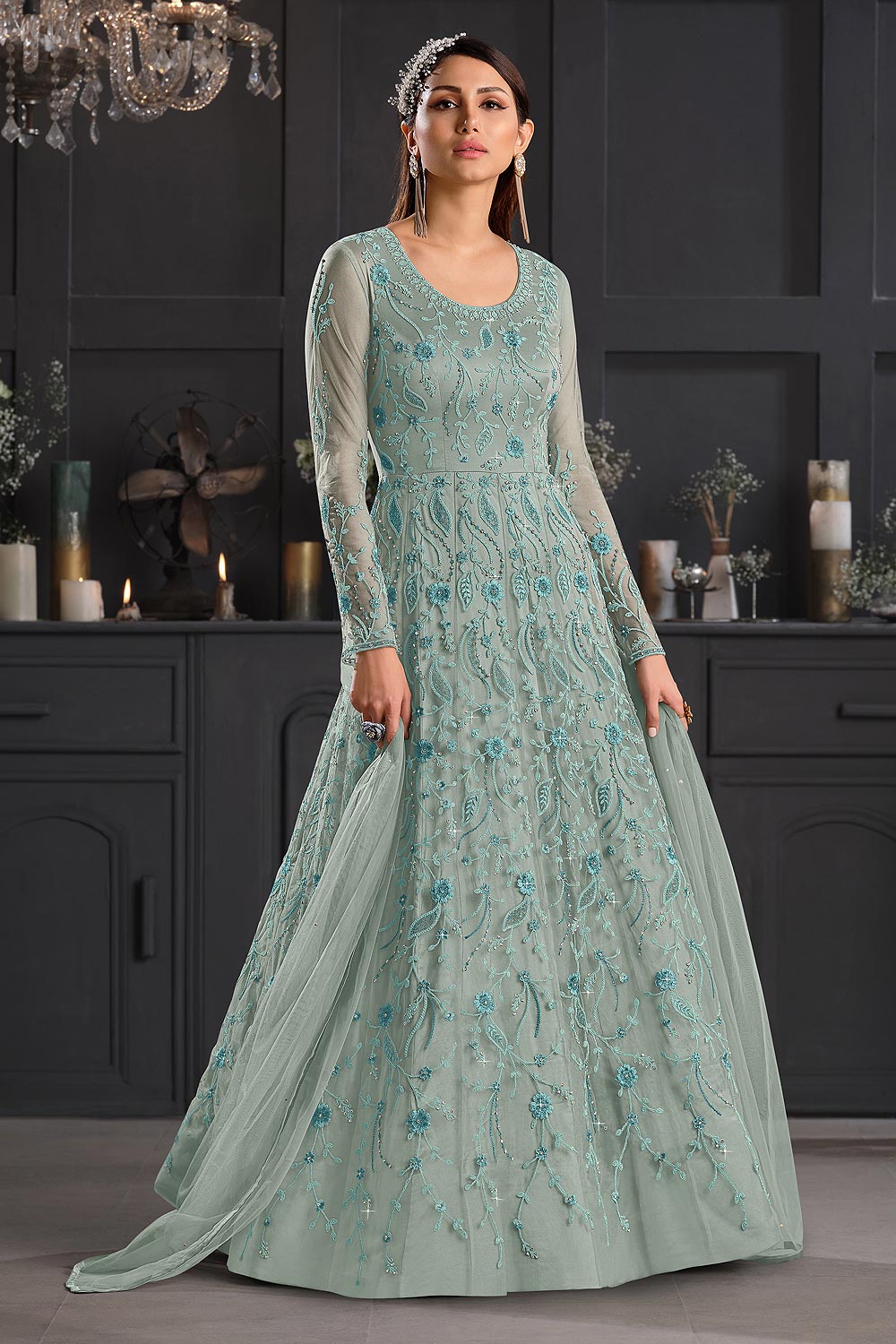 Buy Light Blue Butterfly Net Anarkali - Wedding Anarkali Suit
