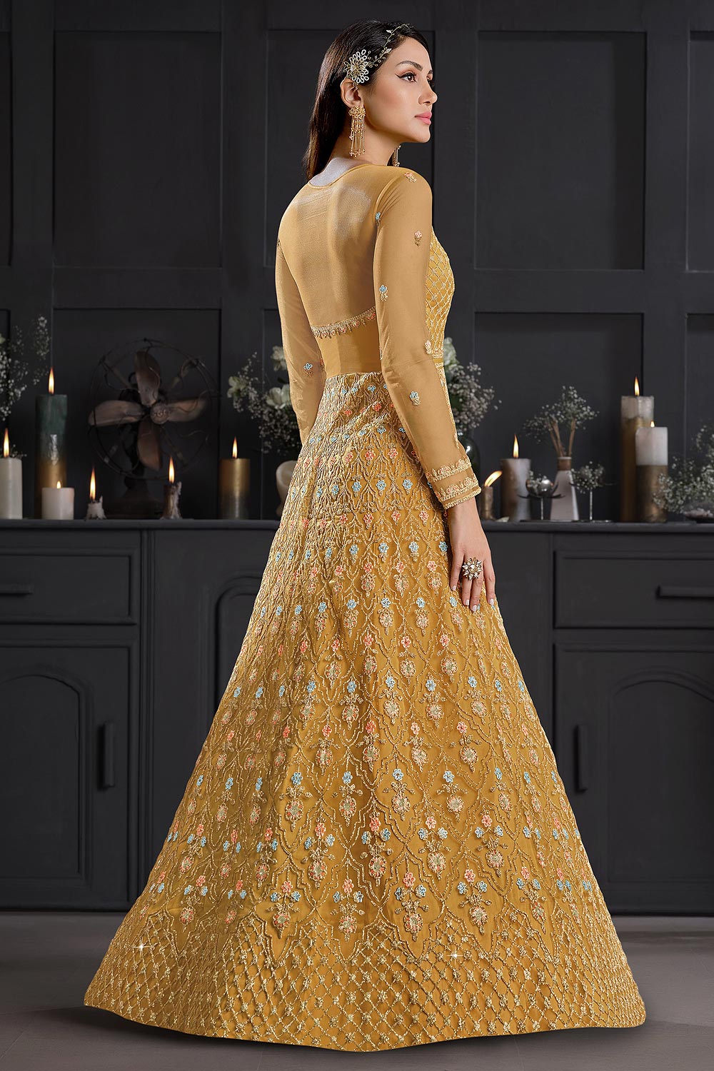 Buy Mustard Yellow Butterfly Net Anarkali - Wedding Anarkali Suit