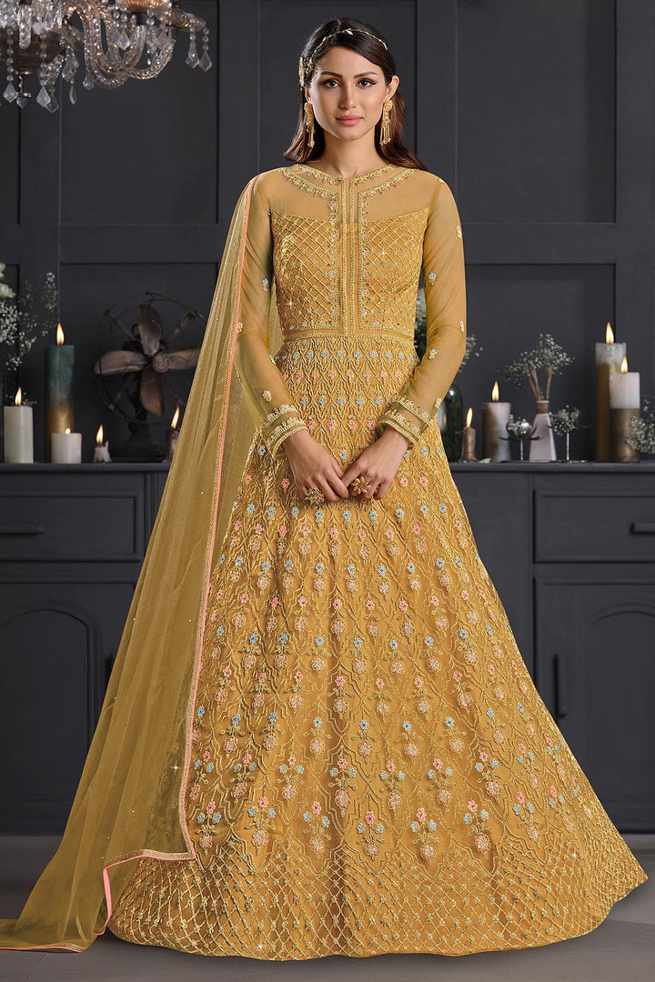 Buy Mustard Yellow Butterfly Net Anarkali - Wedding Anarkali Suit