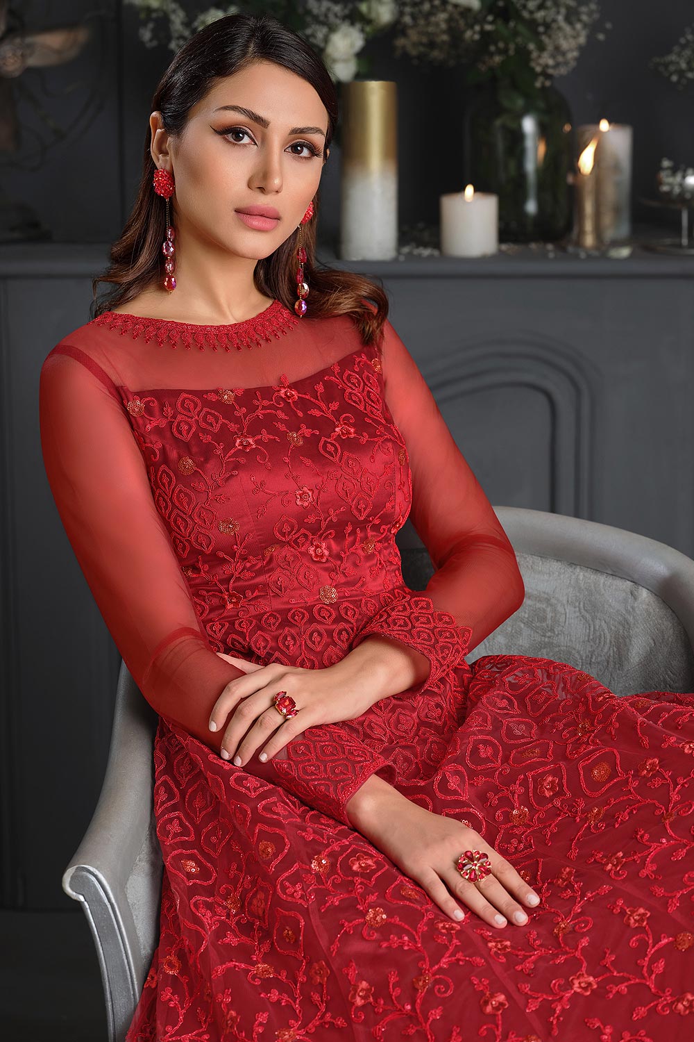 Buy Ruby Red Butterfly Net Anarkali - Wedding Anarkali Suit