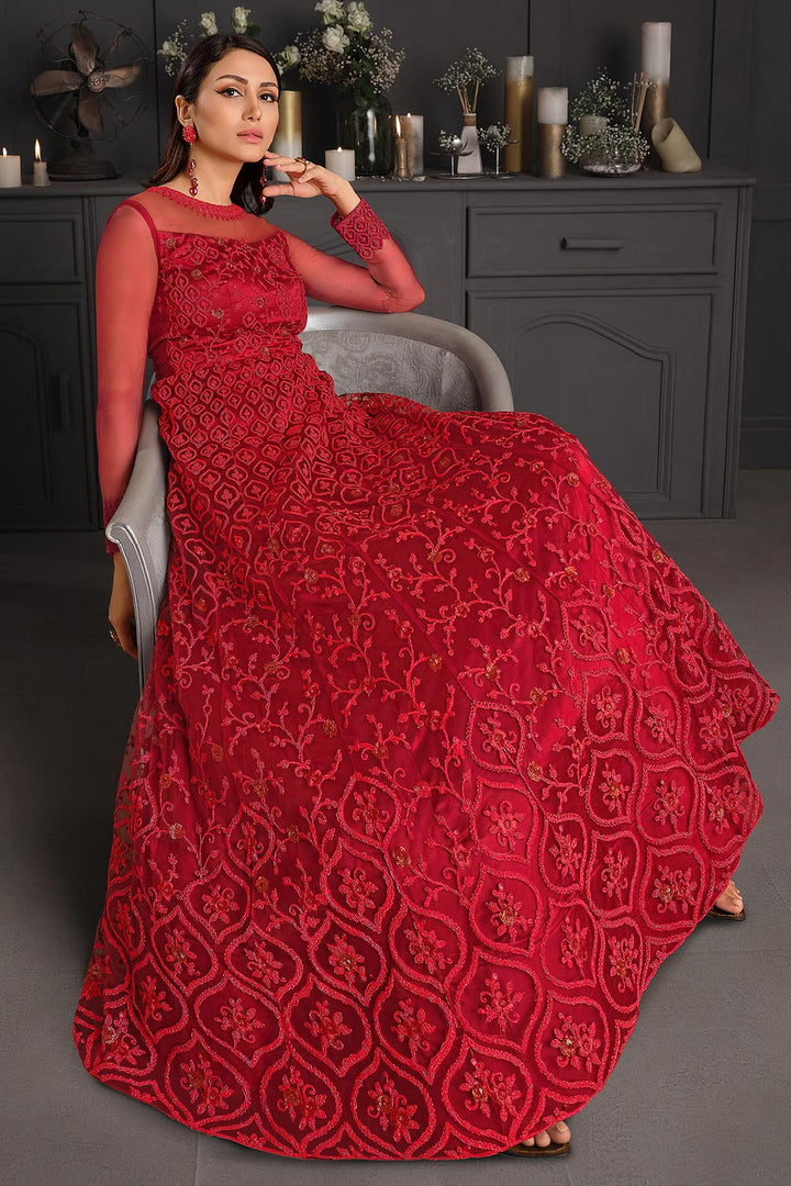 Buy Ruby Red Butterfly Net Anarkali - Wedding Anarkali Suit