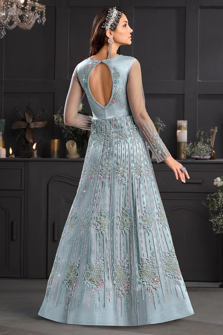 Buy Greyish Blue Butterfly Net Anarkali - Wedding Anarkali Suit
