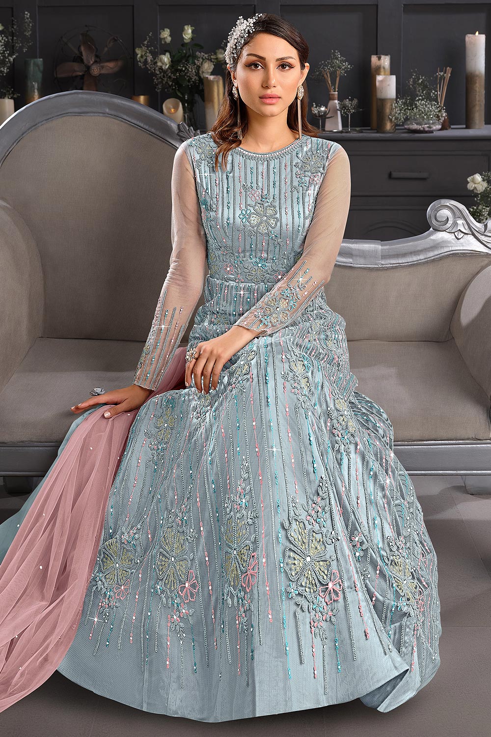 Buy Greyish Blue Butterfly Net Anarkali - Wedding Anarkali Suit