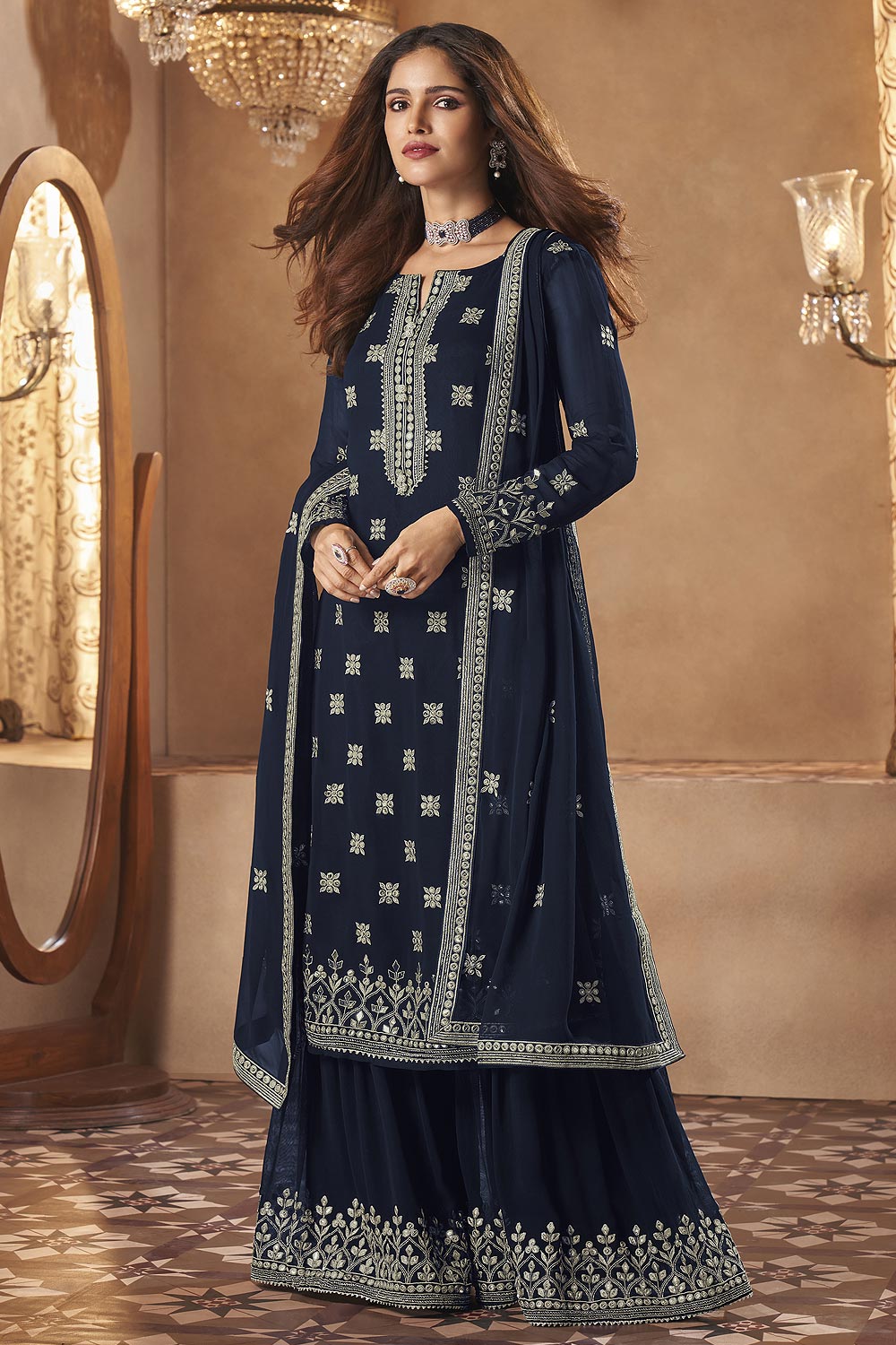 Buy Georgette Navy Blue Sharara - Mirror Embroidered Sharara Suit
